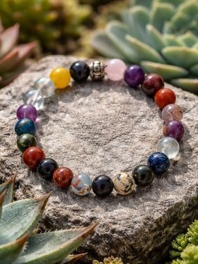 Multi-Color Gemstone Beaded Stretch Bracelet - Purple, Red, Blue, Yellow